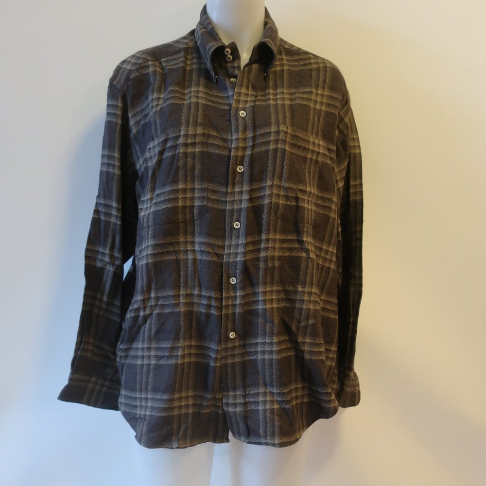 MENS GIORGIO ARMANI LE COLLEZIONI BROWN TAUPE GREY PLAID WOOL BUTTON SHIRT M *